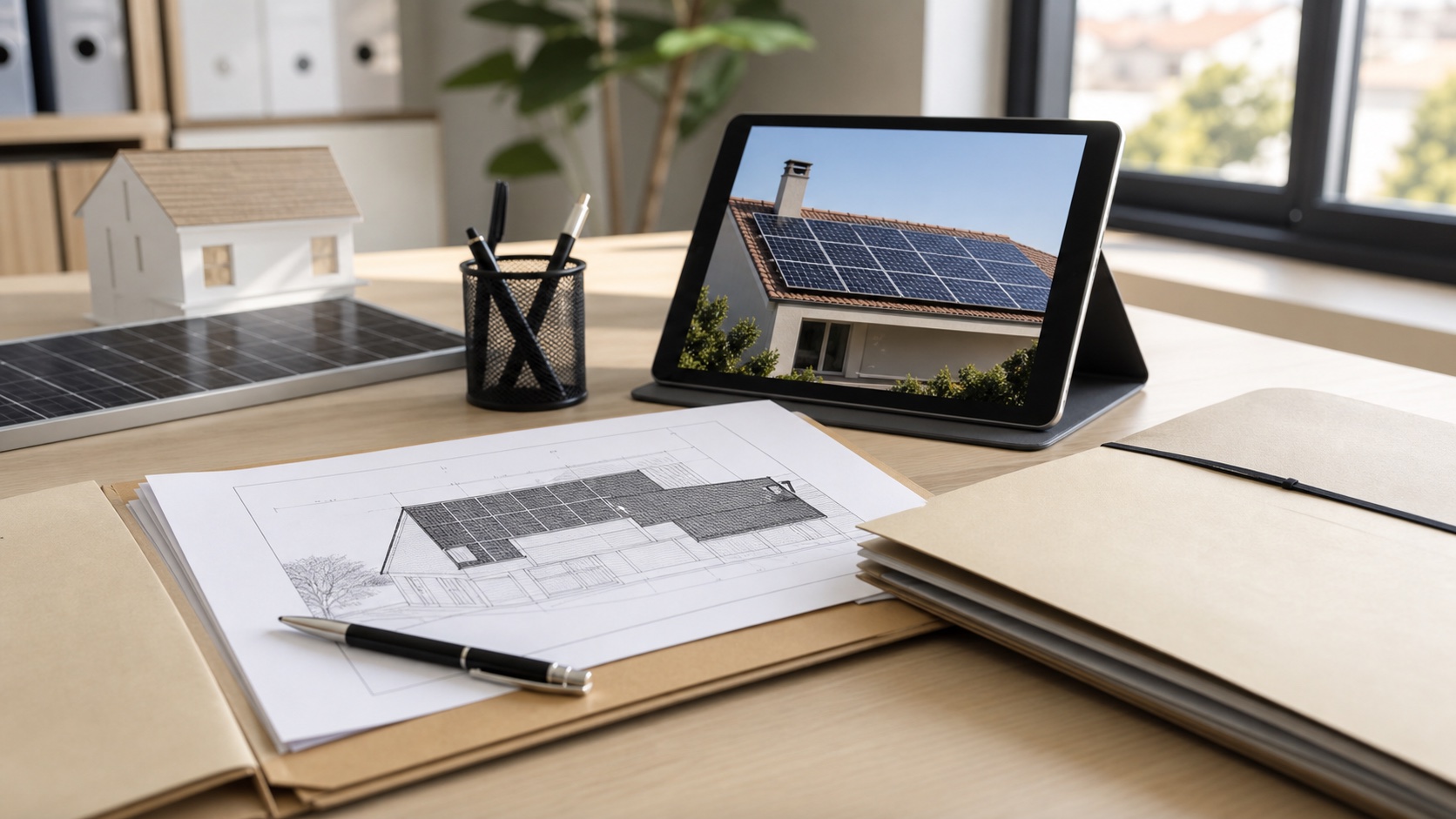 Plans de toiture photovoltaïque et documents de déclaration préalable sur un bureau.