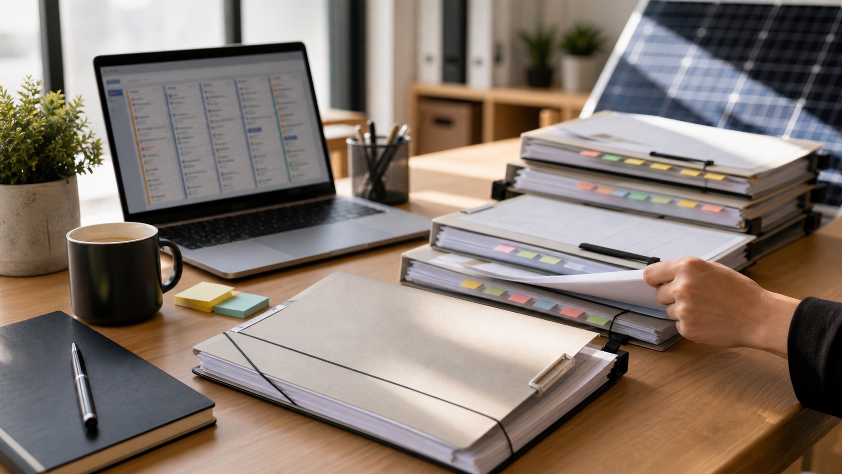 Dossiers photovoltaïques organisés par statut sur un bureau d'équipe administrative solaire.