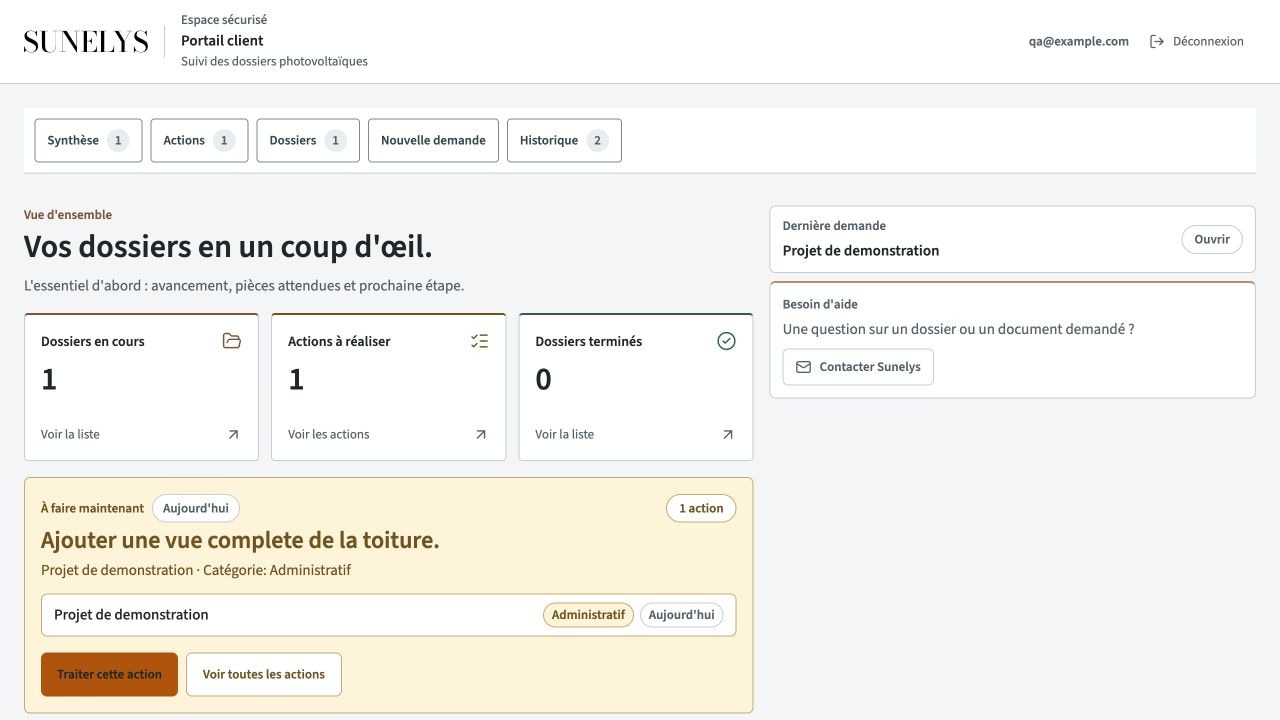 Portail Sunelys de septembre 2026 : synthèse et prochaine action, avec des données de démonstration