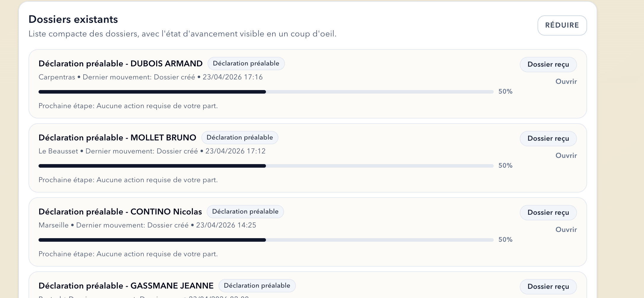 Liste des dossiers existants dans le portail Sunelys avec progression et prochaine étape visibles.