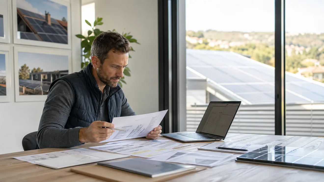 Professionnel photovoltaïque vérifiant des documents administratifs avec Sunelys