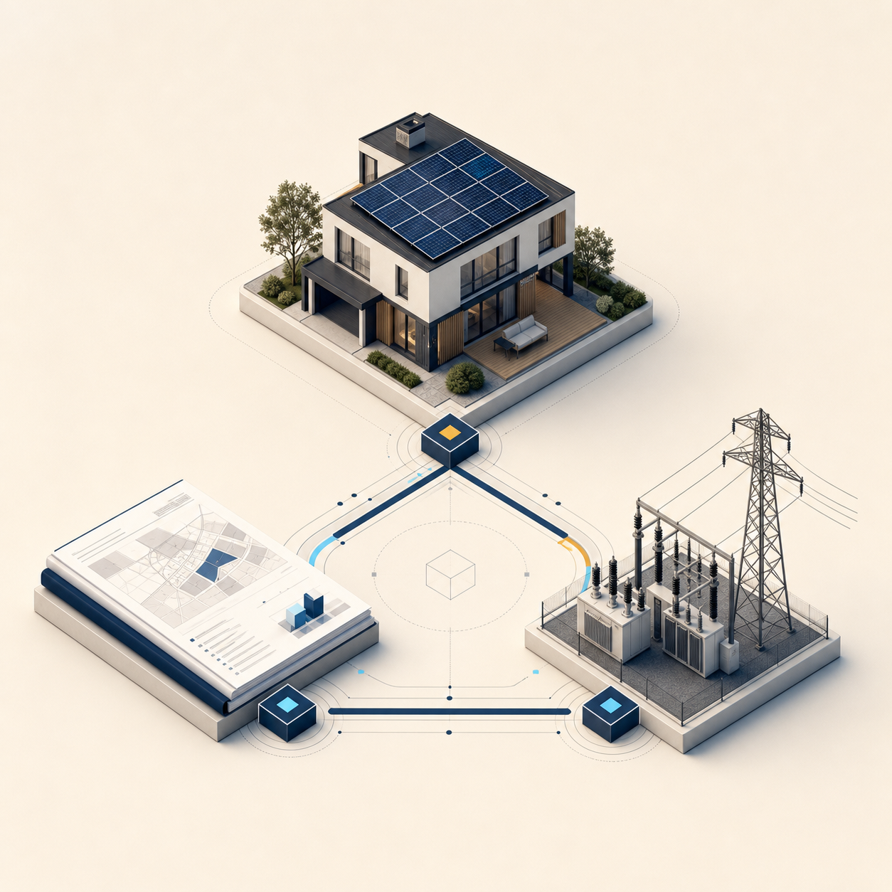 Visualisation premium d'un workflow photovoltaïque reliant habitation, réseau et dossier administratif
